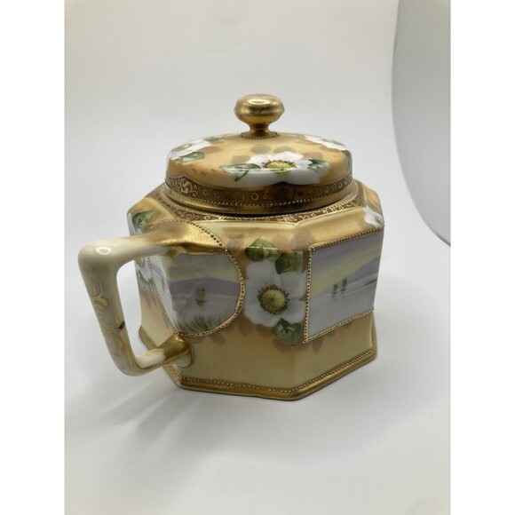 Vintage Noritake Nippon Hand Painted Creamer & Sugar Set Lake Scene Gold Gilt - Picture 7 of 16